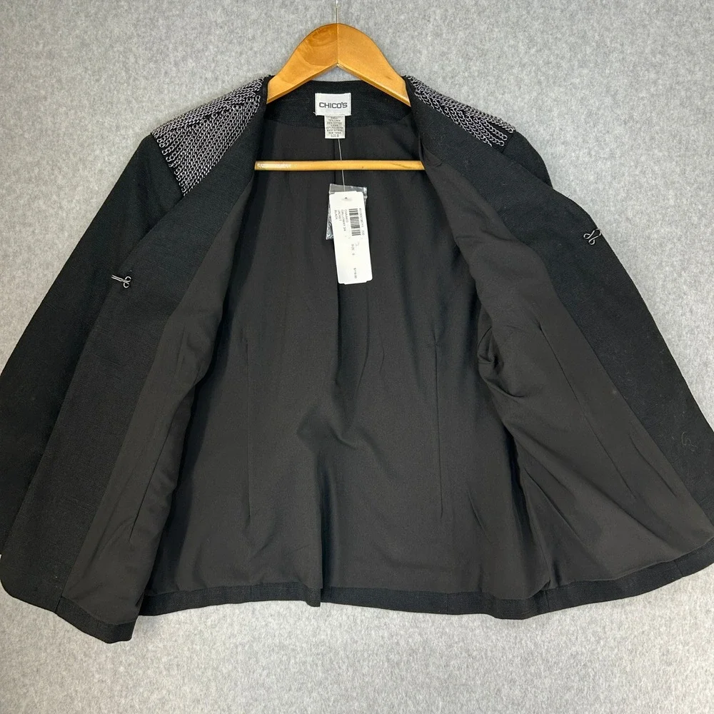 Chicos Chained Galloway 3/4 Jacket Black Linen Blend Silver Chain Size 0 / S NWT